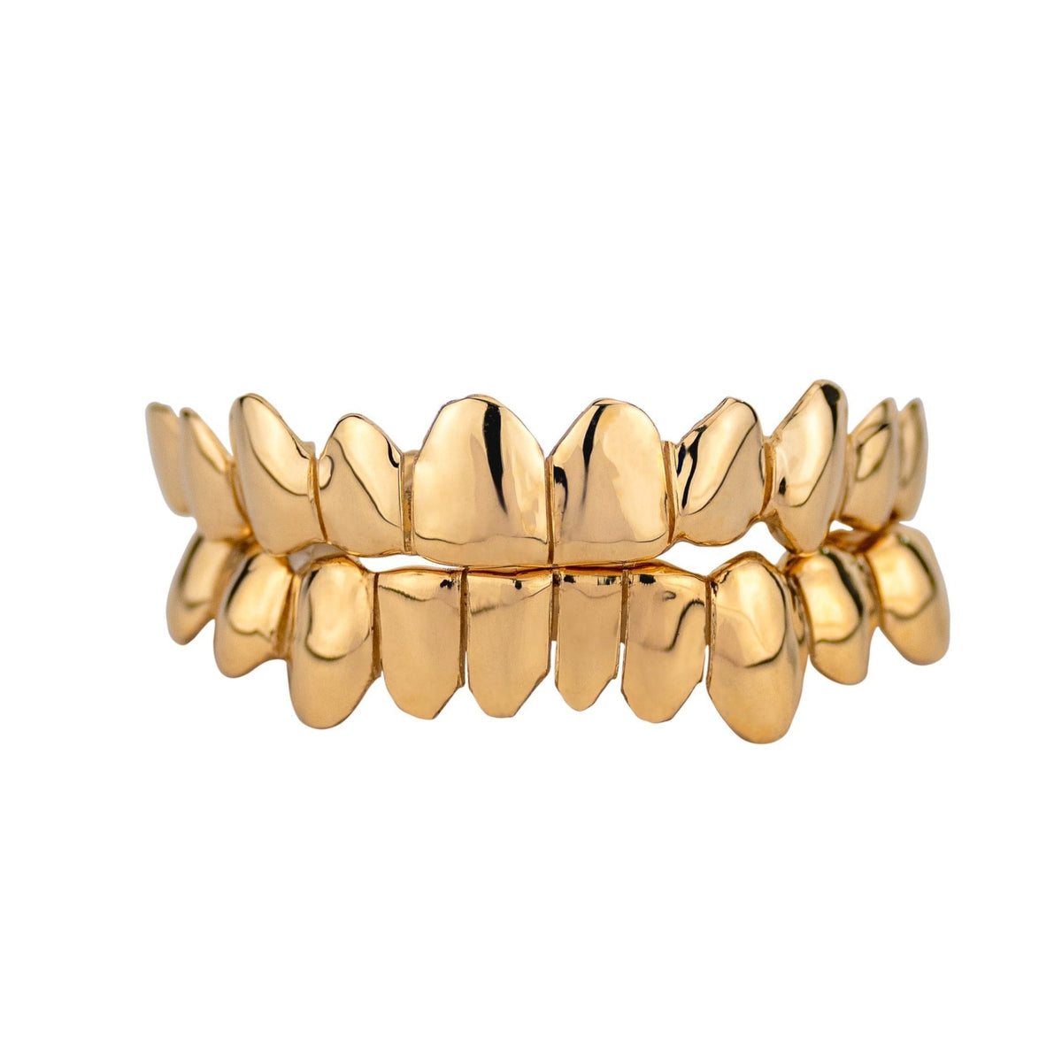 Polished yellow-gold grillz for the upper and lower teeth
