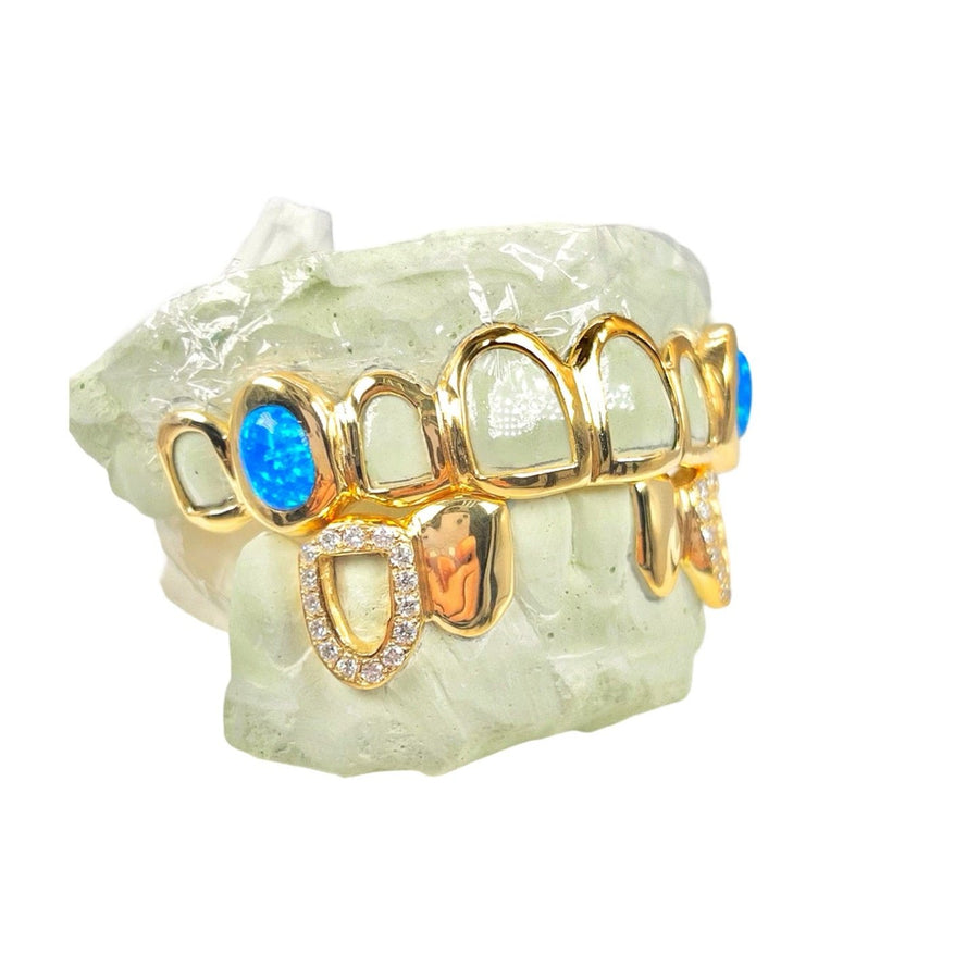 Custom 8 on 4 Opal with Bottom Diamond Fangs Grillz