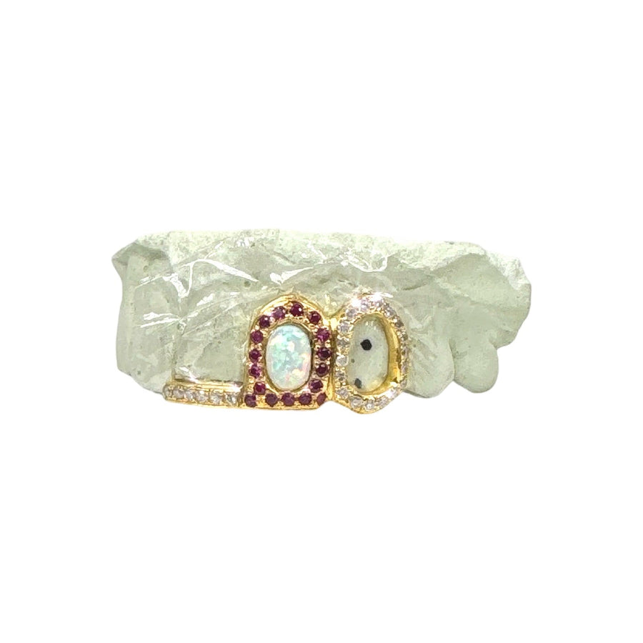Custom 2 Piece Grillz Opal w/ Diamonds and colored stones + trim