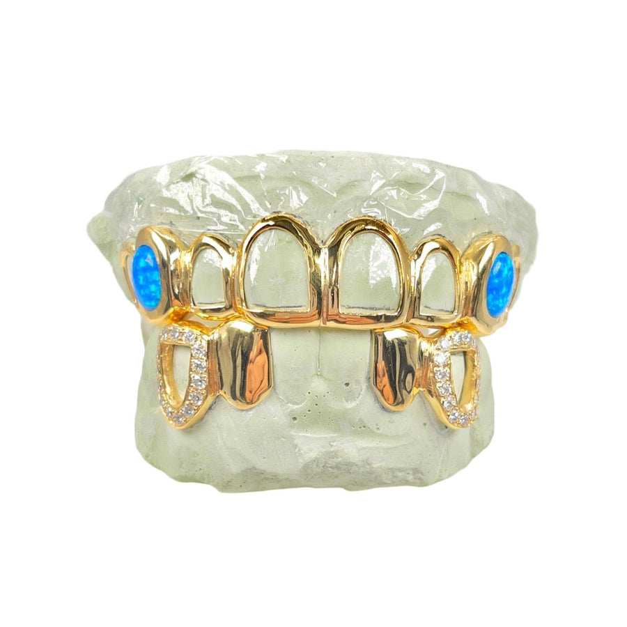 Custom 8 on 4 Opal with Bottom Diamond Fangs Grillz