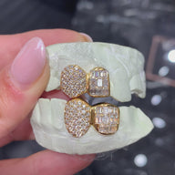 Custom round diamond zigzag + emerald tooth diamond grillz