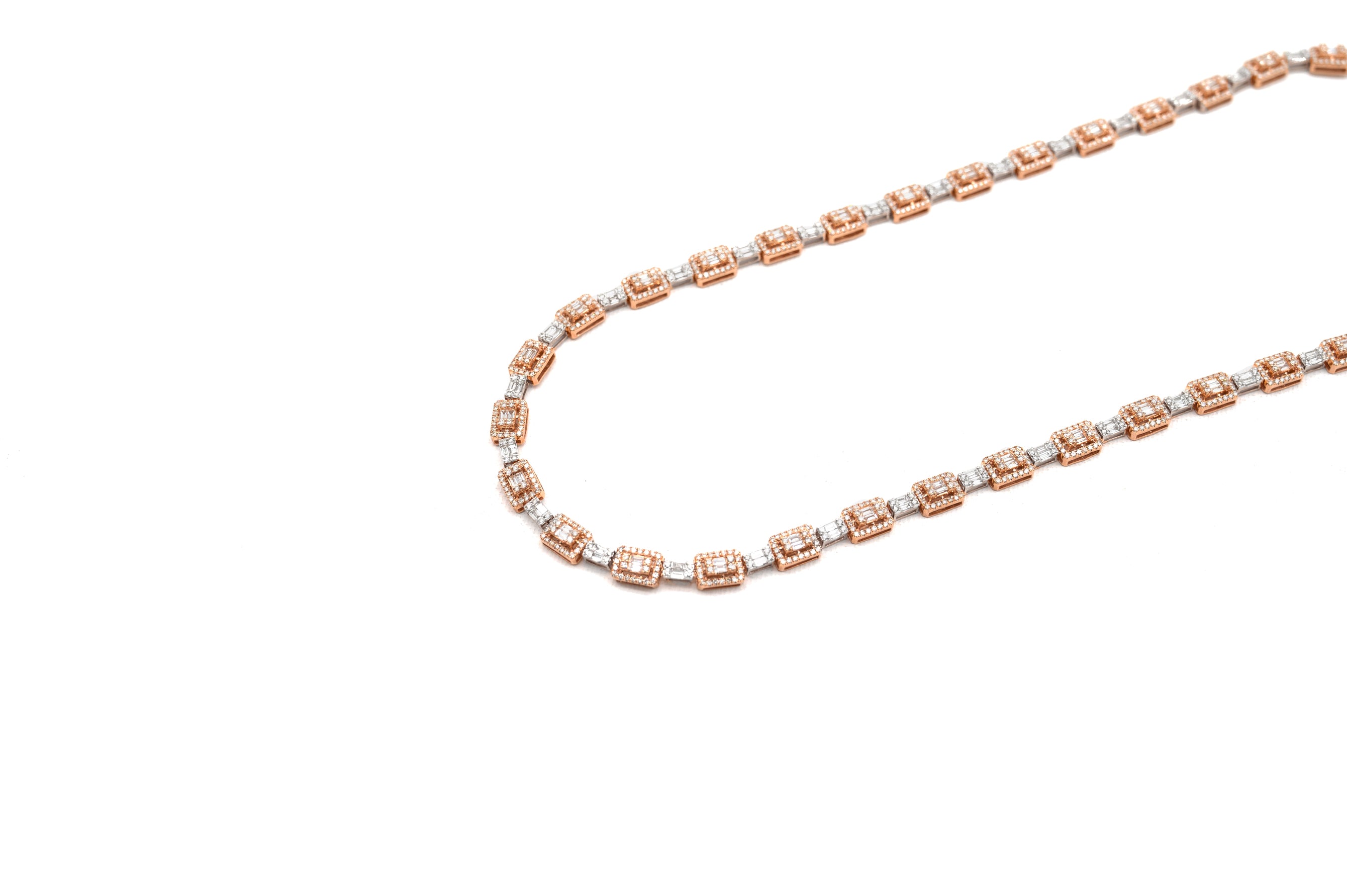 Two Tone White and Rose Flower and Baguette Diamond Chain