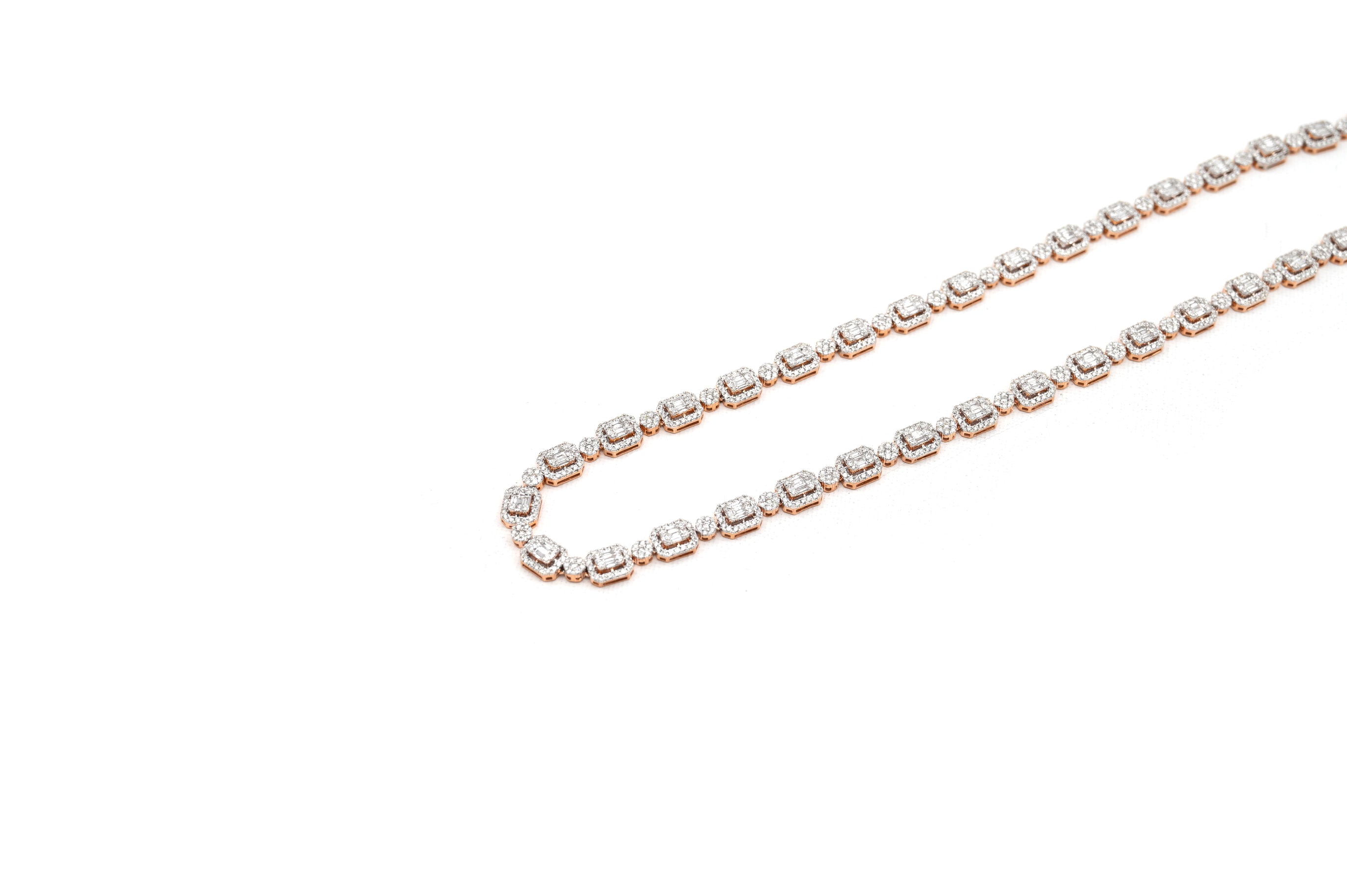 Two Tone  Rose and White Flower and Baguette Diamond Chain
